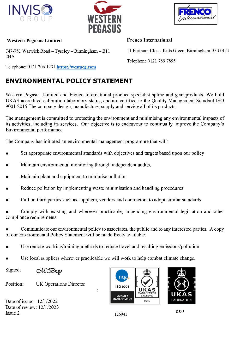 ISO:9001 Approved Group Environmental Policy Statement Western Pegasus Issue 2 January 2022