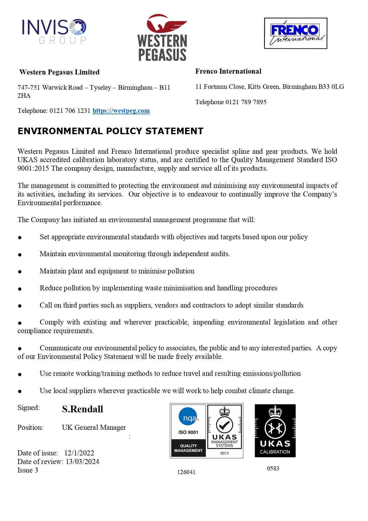 ISO:9001 Approved Group Environmental Policy Statement Western Pegasus Issue 3 March 2024 page 0001