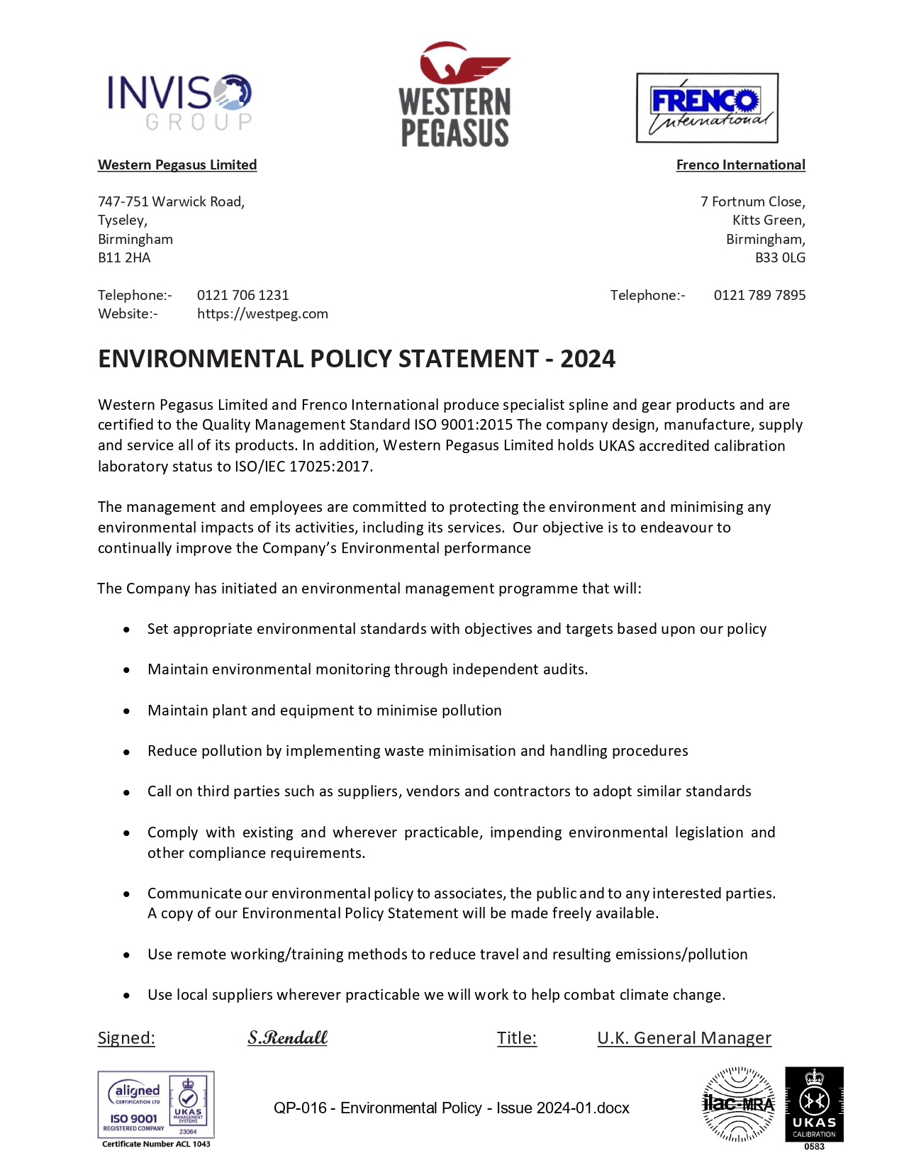 ISO:9001 Approved QP 016 Environmental Policy Issue 2024 01 page 0001