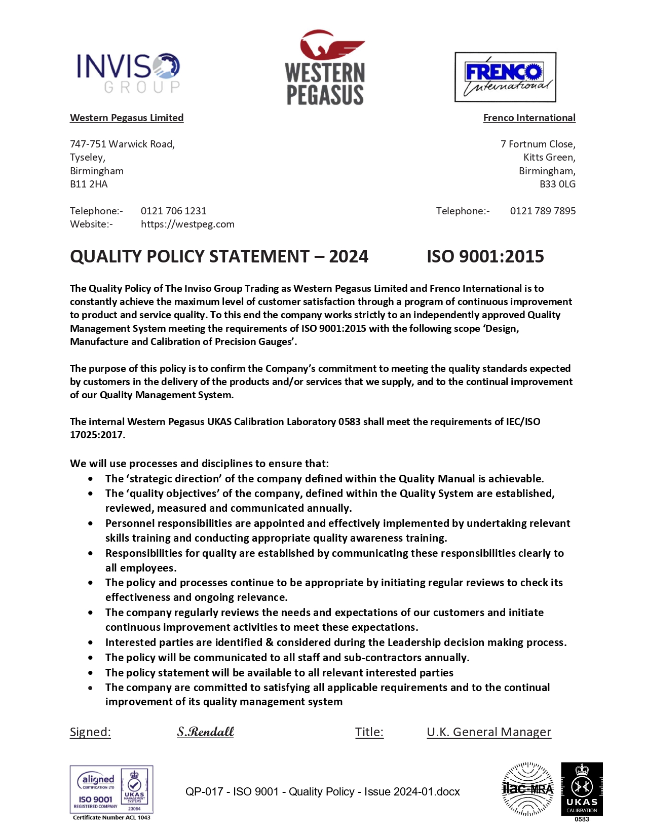 ISO:9001 Approved QP 017 ISO 9001 Quality Policy Issue 2024 01 page 0001