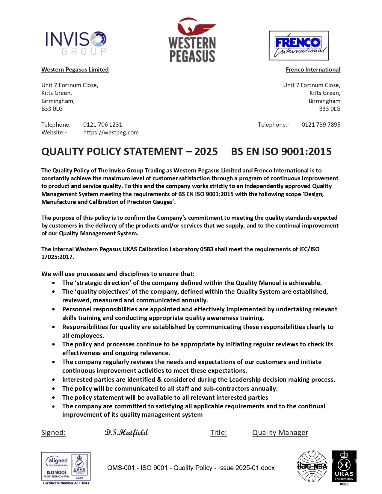ISO:9001 Approved QMS 001 ISO 9001 Quality Policy Issue 2025 01 page 0001